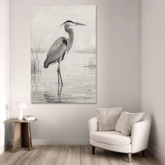 Black and White Bird Painting of a Marsh Heron - Canvas Wall Art - Sofa - 40x60