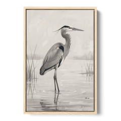 Black and White Bird Painting of a Marsh Heron - Oak Framed Canvas Wall Art - Front