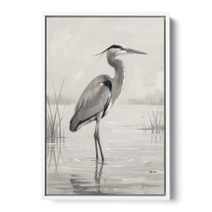 Black and White Bird Painting of a Marsh Heron - White Framed Canvas Wall Art - Front