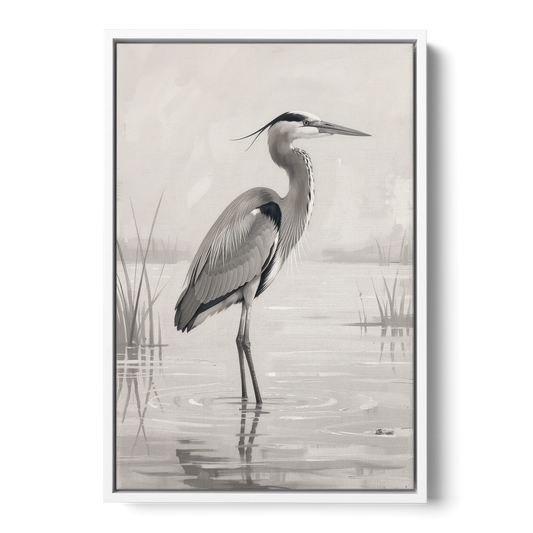 Black and White Bird Painting of a Marsh Heron - White Framed Canvas Wall Art - Front