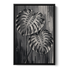 Black and White Botanical Prints Monstera Leaves - Black Framed Canvas Wall Art - Front