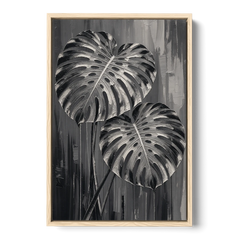 Black and White Botanical Prints Monstera Leaves - Oak Framed Canvas Wall Art - Front