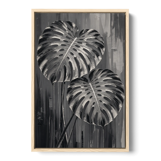 Black and White Botanical Prints Monstera Leaves - Oak Framed Canvas Wall Art - Front