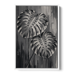 Black and White Botanical Prints Monstera Leaves - White Framed Canvas Wall Art - Front