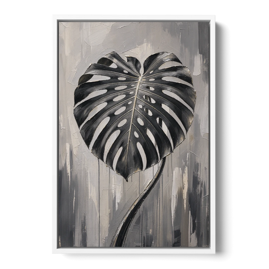 Black and White Botanical Wall Art of Monstera - White Framed Canvas Wall Art - Front