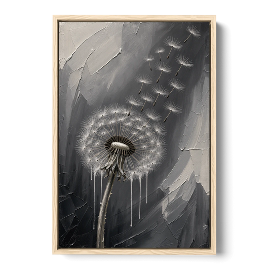 Black and White Canvas Prints with Drifting Dandelion - Oak Framed Canvas Wall Art - Front