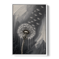 Black and White Canvas Prints with Drifting Dandelion - White Framed Canvas Wall Art - Front