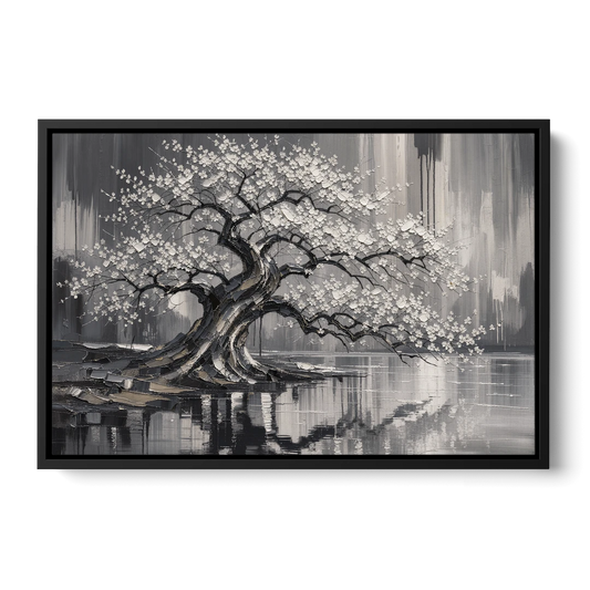 Black and White Cherry Blossom Over a Still Pond - Black Framed Canvas Wall Art - Front