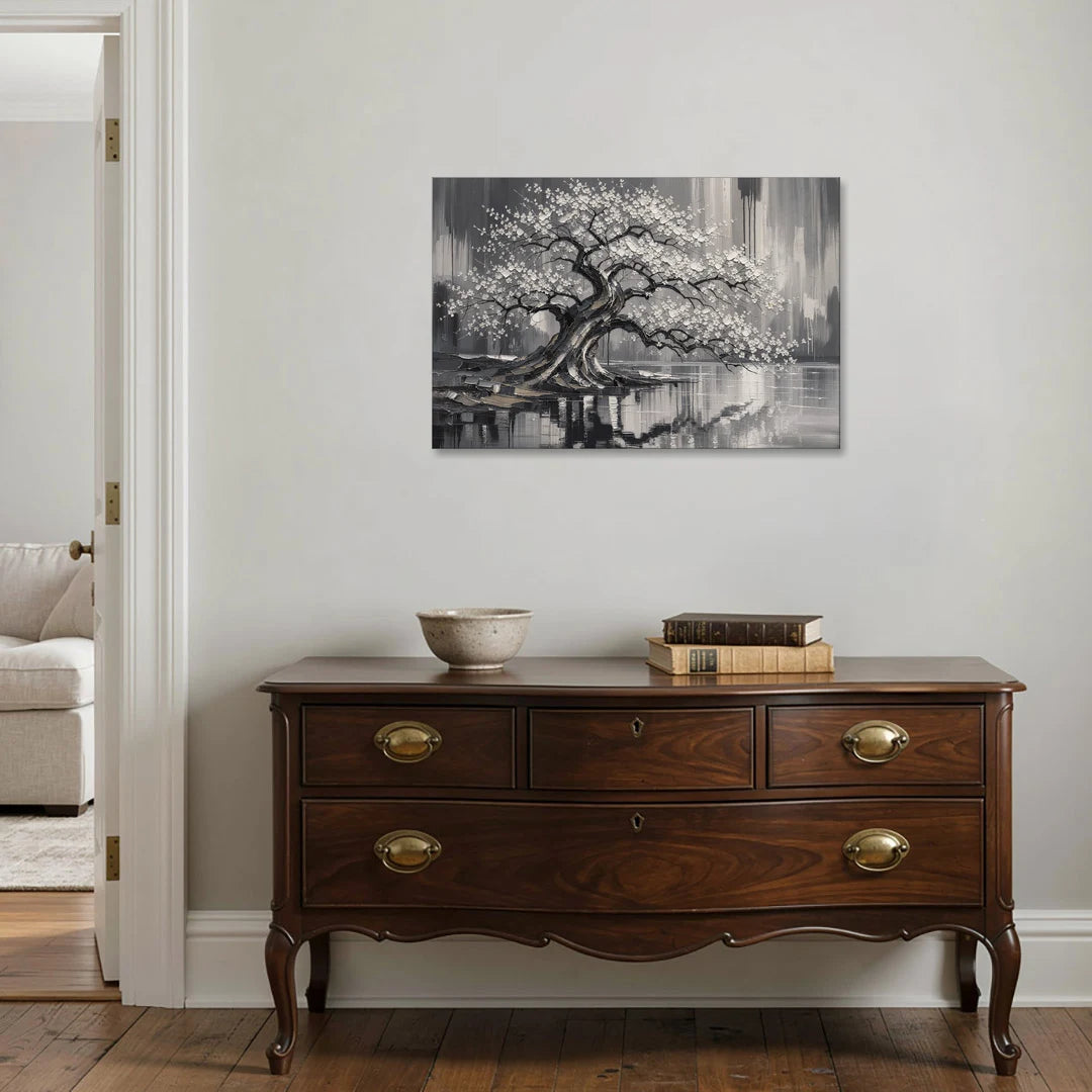 Black and White Cherry Blossom Over a Still Pond - Canvas Wall Art - Coffee Table - 36x24
