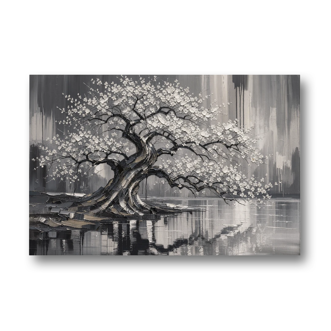 Black and White Cherry Blossom Over a Still Pond - Canvas Wall Art - Front