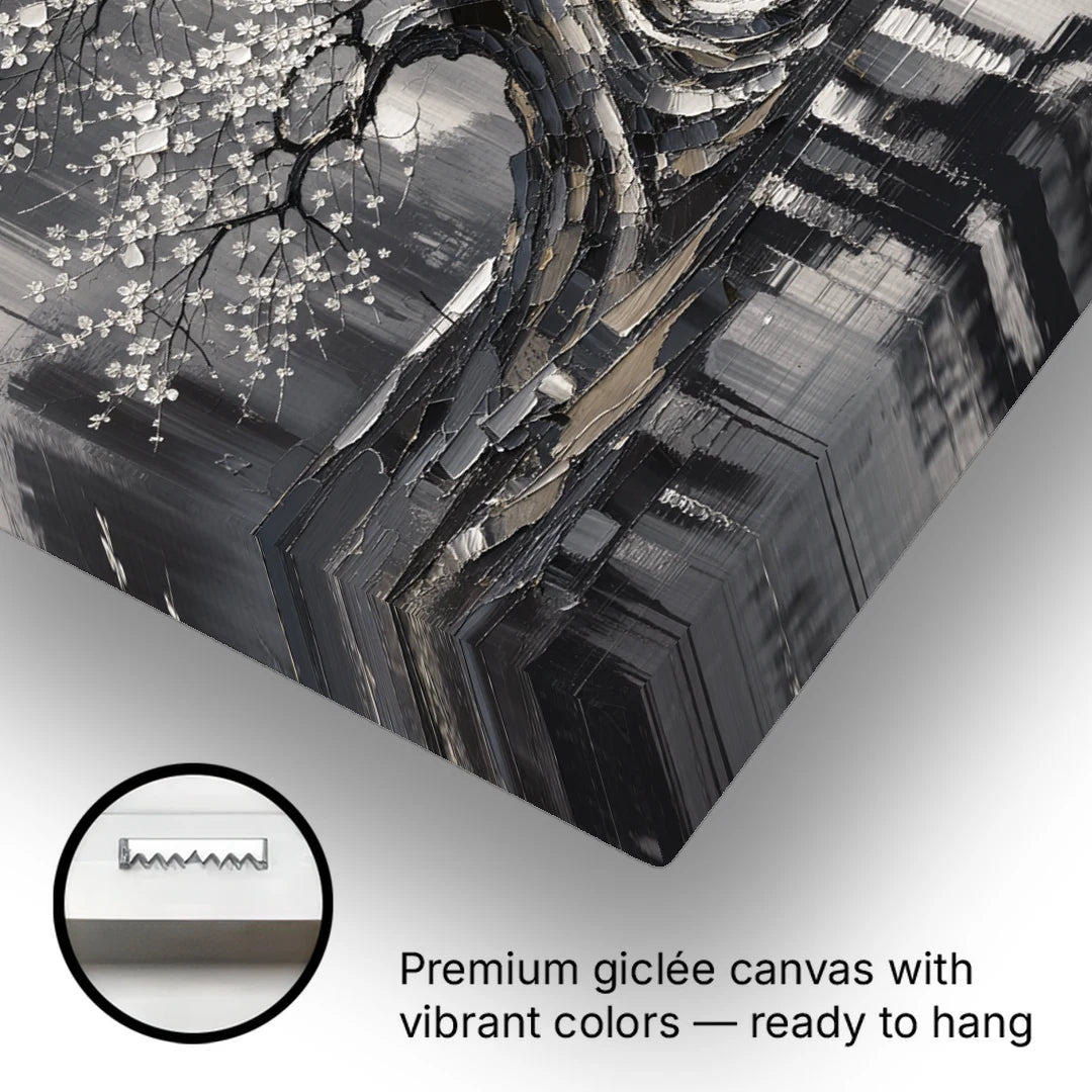 Black and White Cherry Blossom Over a Still Pond - Canvas Wall Art - Gallery Wrap Corner