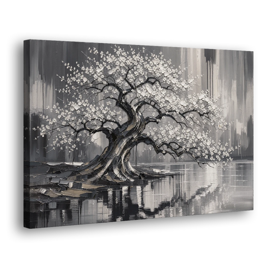 Black and White Cherry Blossom Over a Still Pond - Canvas Wall Art - Side