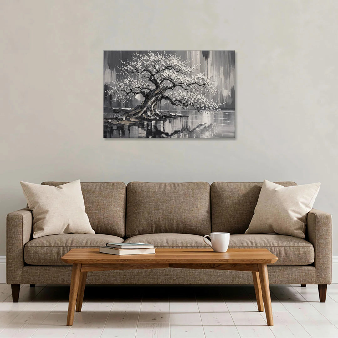 Black and White Cherry Blossom Over a Still Pond - Canvas Wall Art - Sofa - 36x24