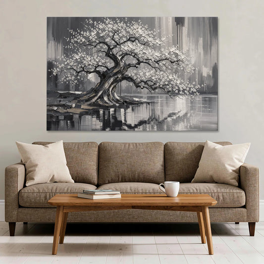 Black and White Cherry Blossom Over a Still Pond - Canvas Wall Art - Sofa - 60x40