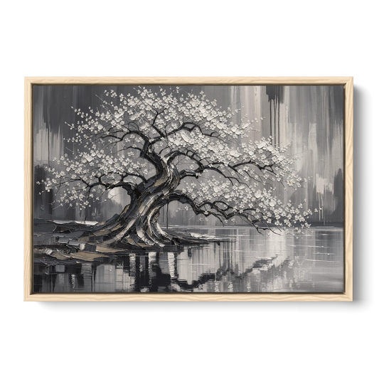 Black and White Cherry Blossom Over a Still Pond - Oak Framed Canvas Wall Art - Front