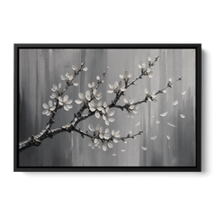 Black and White Cherry Blossom Painting with Drifting Petals - Black Framed Canvas Wall Art - Front