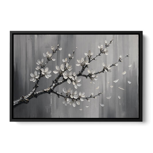 Black and White Cherry Blossom Painting with Drifting Petals - Black Framed Canvas Wall Art - Front