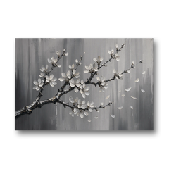 Black and White Cherry Blossom Painting with Drifting Petals - Canvas Wall Art - Front