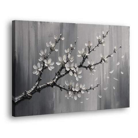 Black and White Cherry Blossom Painting with Drifting Petals - Canvas Wall Art - Side