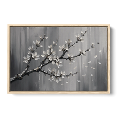 Black and White Cherry Blossom Painting with Drifting Petals - Oak Framed Canvas Wall Art - Front