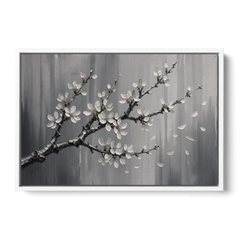Black and White Cherry Blossom Painting with Drifting Petals - White Framed Canvas Wall Art - Front