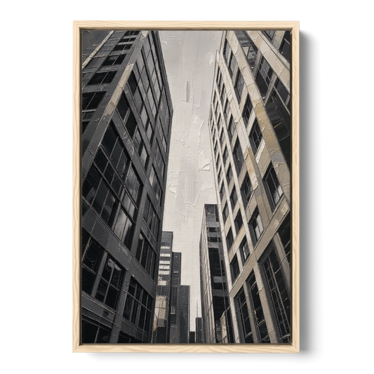 Black and White City Wall Art of Converging Towers - Oak Framed Canvas Wall Art - Front