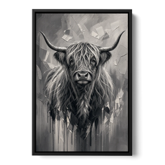 Black and White Farmhouse Shaggy Highland Cow - Black Framed Canvas Wall Art - Front
