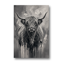 Black and White Farmhouse Shaggy Highland Cow - Canvas Wall Art - Front