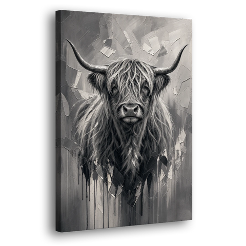 Black and White Farmhouse Shaggy Highland Cow - Canvas Wall Art - Side
