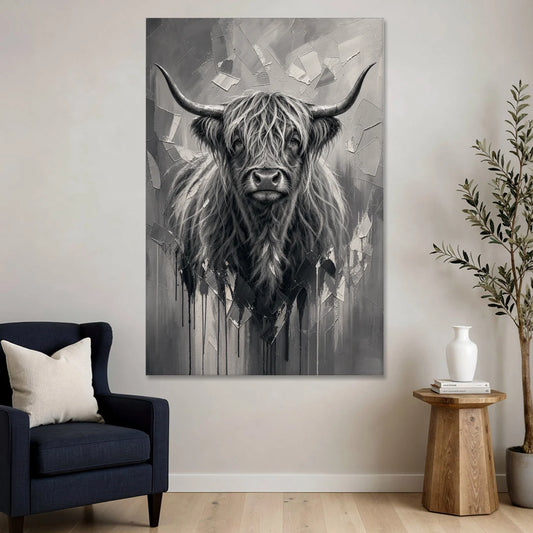 Black and White Farmhouse Shaggy Highland Cow - Canvas Wall Art - Sofa - 40x60