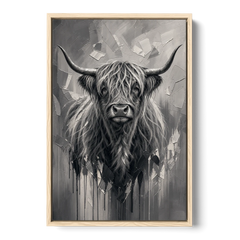 Black and White Farmhouse Shaggy Highland Cow - Oak Framed Canvas Wall Art - Front