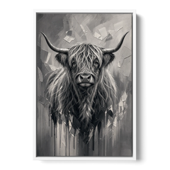 Black and White Farmhouse Shaggy Highland Cow - White Framed Canvas Wall Art - Front