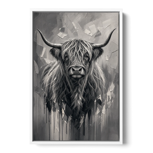 Black and White Farmhouse Shaggy Highland Cow - White Framed Canvas Wall Art - Front