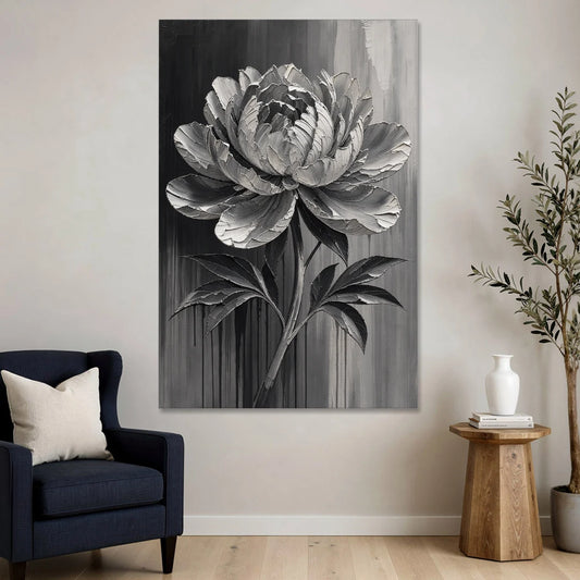 Black and White Flower Painting of a Peony - Canvas Wall Art - Sofa - 40x60