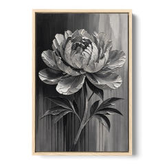 Black and White Flower Painting of a Peony - Oak Framed Canvas Wall Art - Front