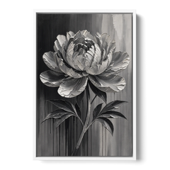 Black and White Flower Painting of a Peony - White Framed Canvas Wall Art - Front