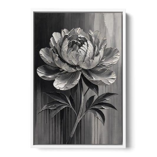 Black and White Flower Painting of a Peony - White Framed Canvas Wall Art - Front