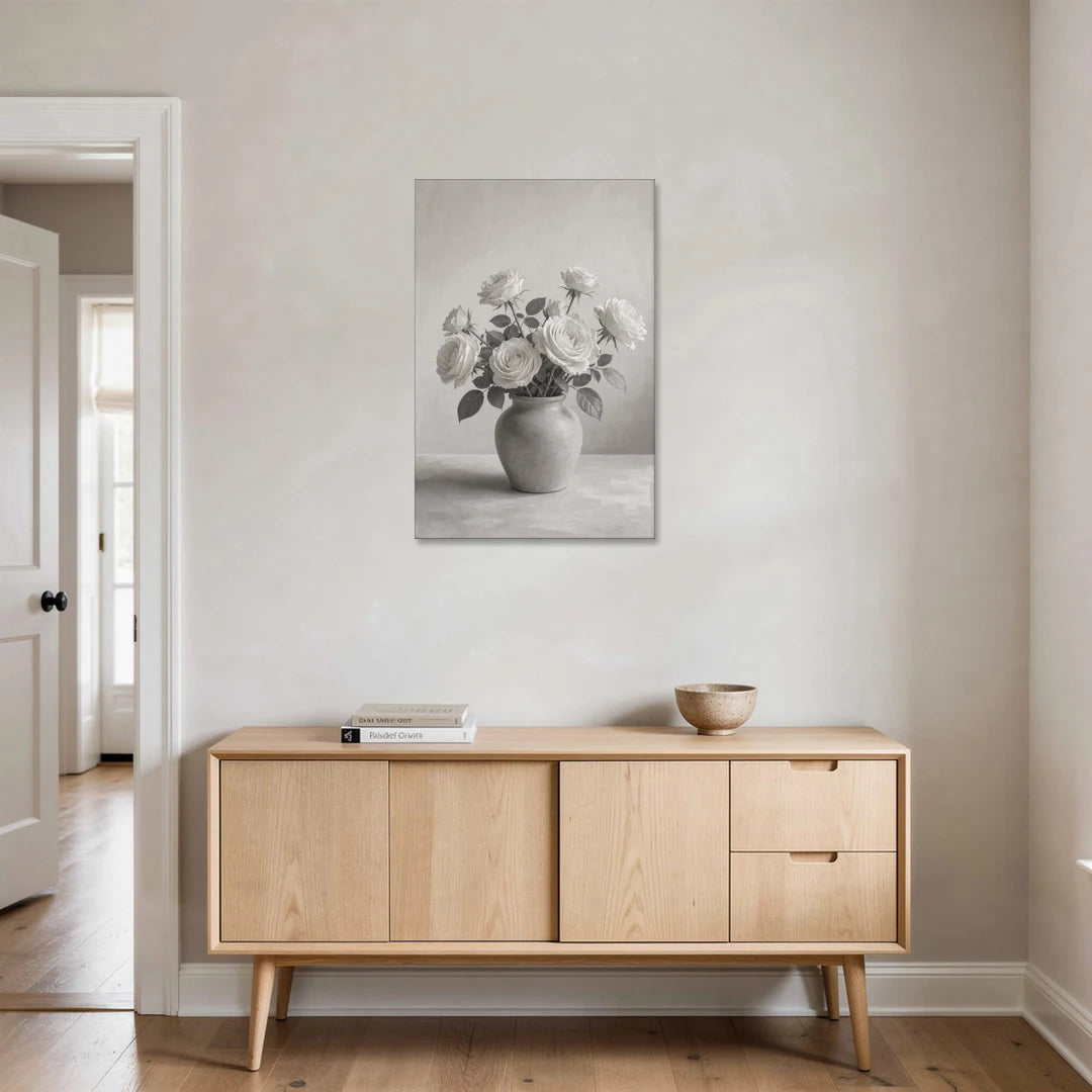 Black and White Garden Roses in a Stone Vase - Canvas Wall Art - Coffee Table - 24x36