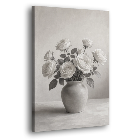 Black and White Garden Roses in a Stone Vase - Canvas Wall Art