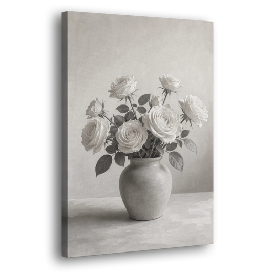Black and White Garden Roses in a Stone Vase - Canvas Wall Art - Side