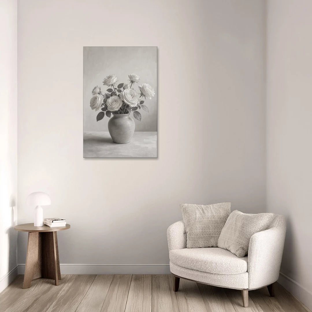 Black and White Garden Roses in a Stone Vase - Canvas Wall Art - Sofa - 24x36