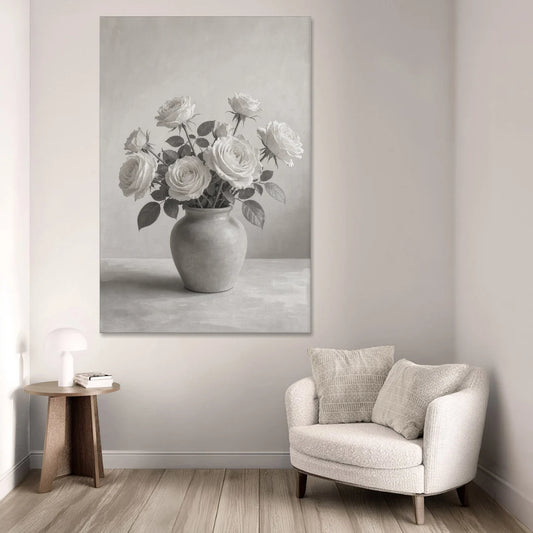 Black and White Garden Roses in a Stone Vase - Canvas Wall Art - Sofa - 40x60