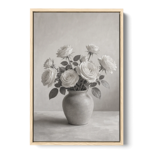 Black and White Garden Roses in a Stone Vase - Oak Framed Canvas Wall Art - Front