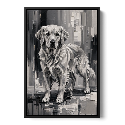 Black and White Golden Retriever Portrait - Black Framed Canvas Wall Art - Front
