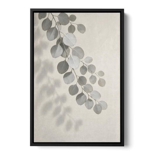Black and White Hanging Eucalyptus Branch - Black Framed Canvas Wall Art - Front
