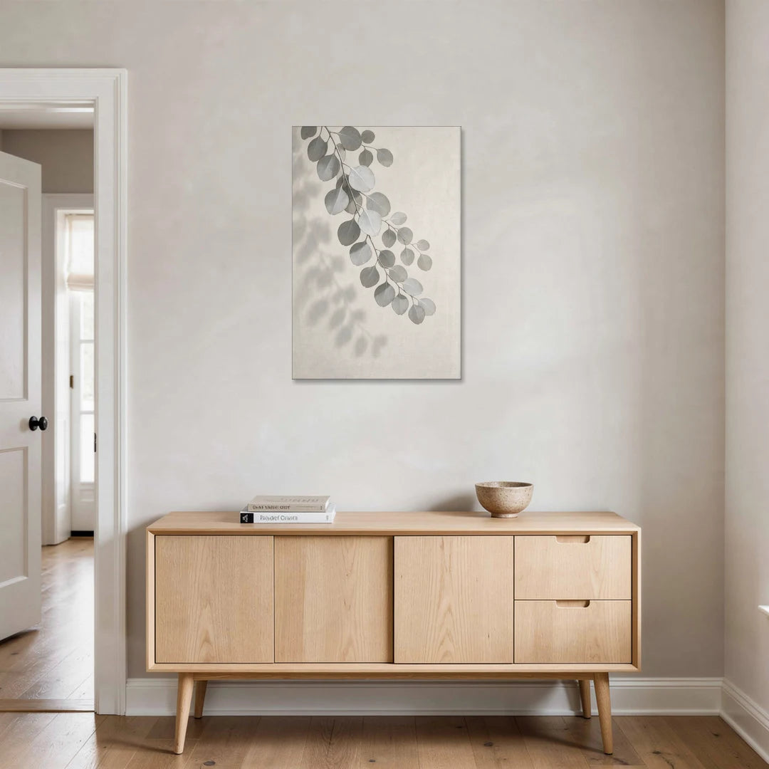 Black and White Hanging Eucalyptus Branch - Canvas Wall Art - Coffee Table - 24x36