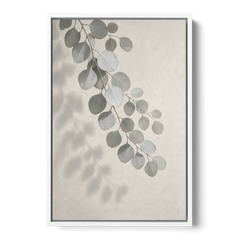 Black and White Hanging Eucalyptus Branch - White Framed Canvas Wall Art - Front