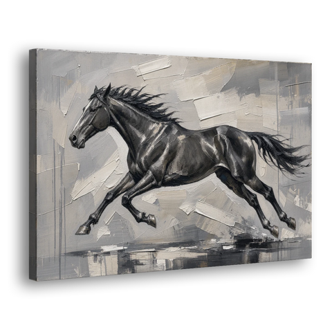 Black and White Horse Painting in Full Stride - Canvas Wall Art - Side