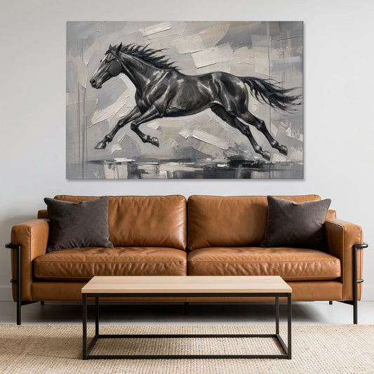 Black and White Horse Painting in Full Stride - Canvas Wall Art - Sofa - 60x40