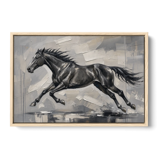 Black and White Horse Painting in Full Stride - Oak Framed Canvas Wall Art - Front